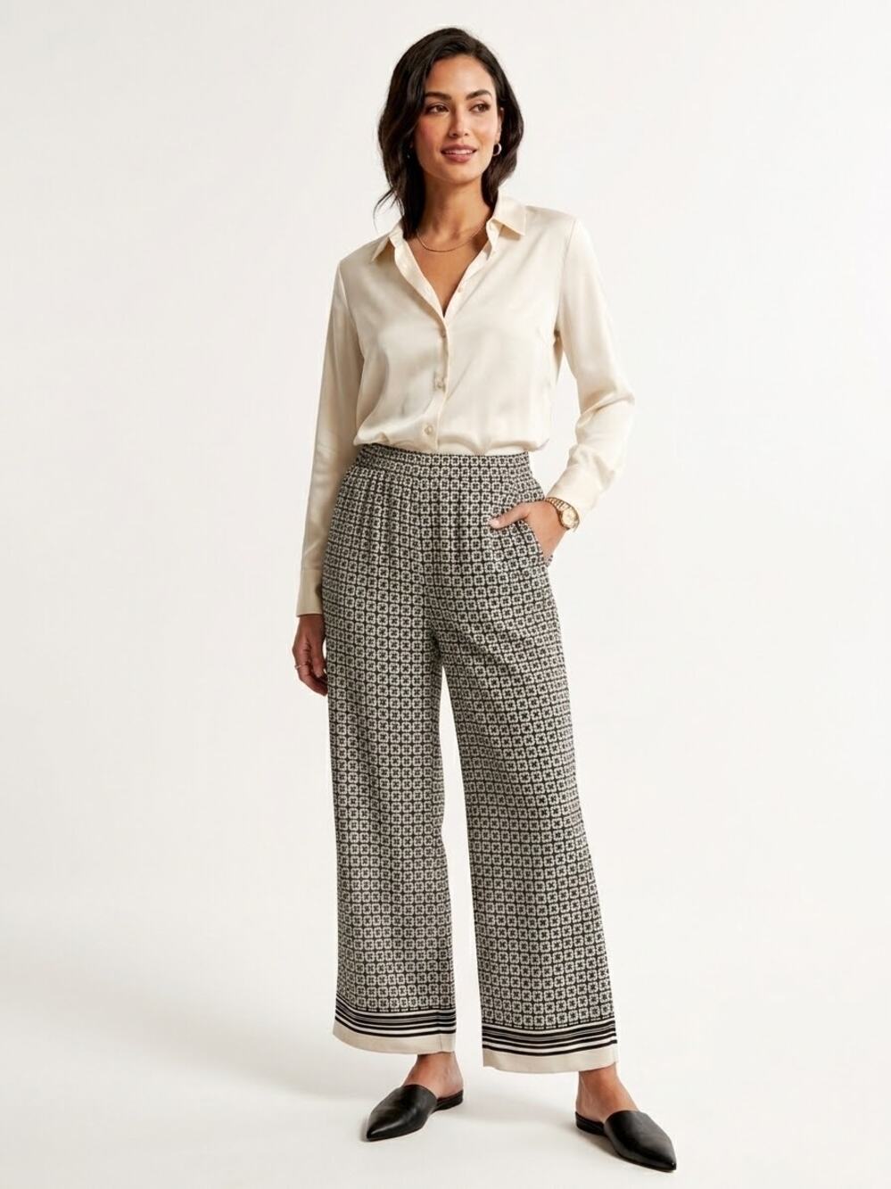 Abercrombie & Fitch Women's Black White Drapey Wide Leg Pull-On Pants Size XL
